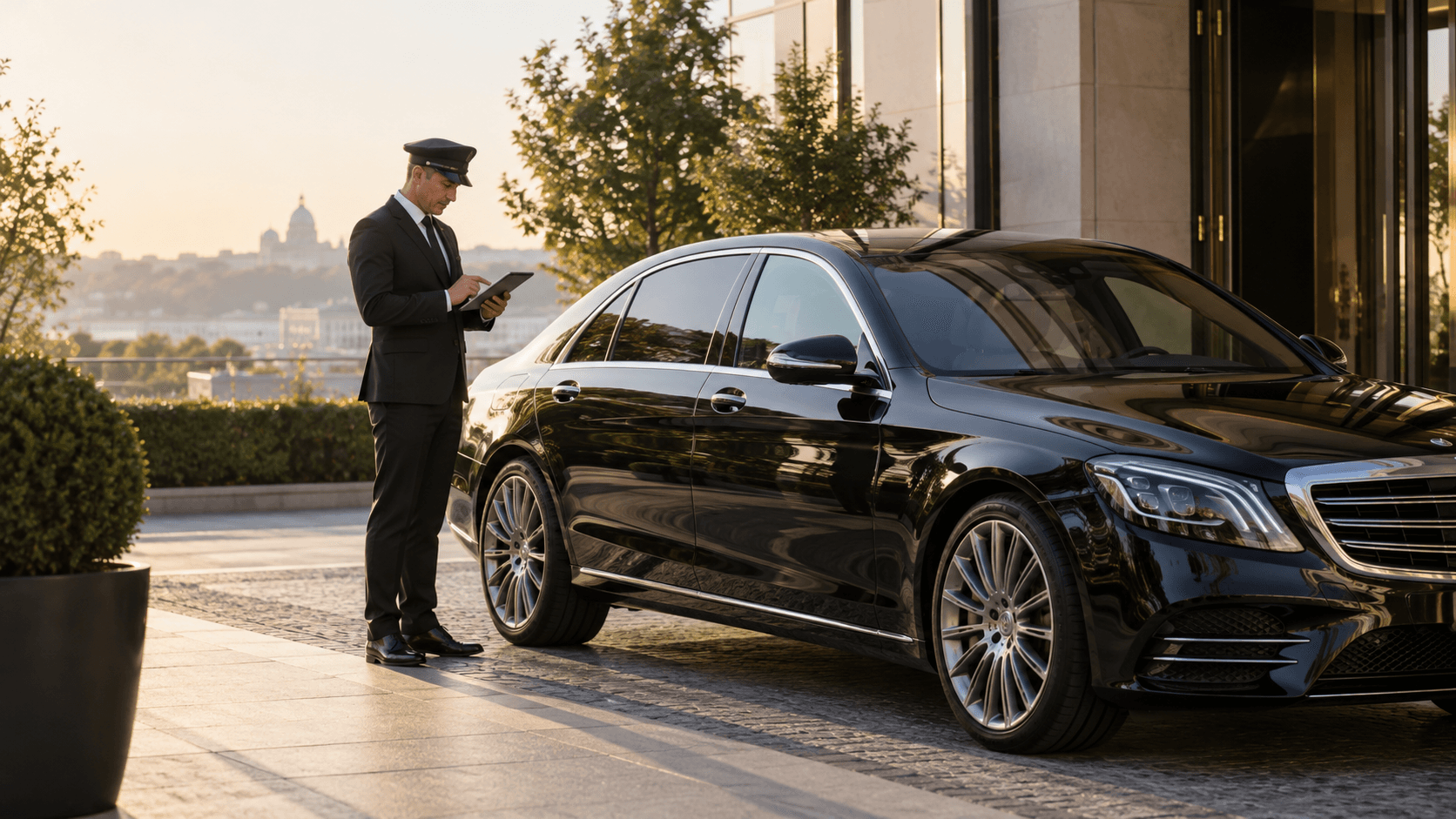 Chauffeur checking a tablet beside a black executive sedan
