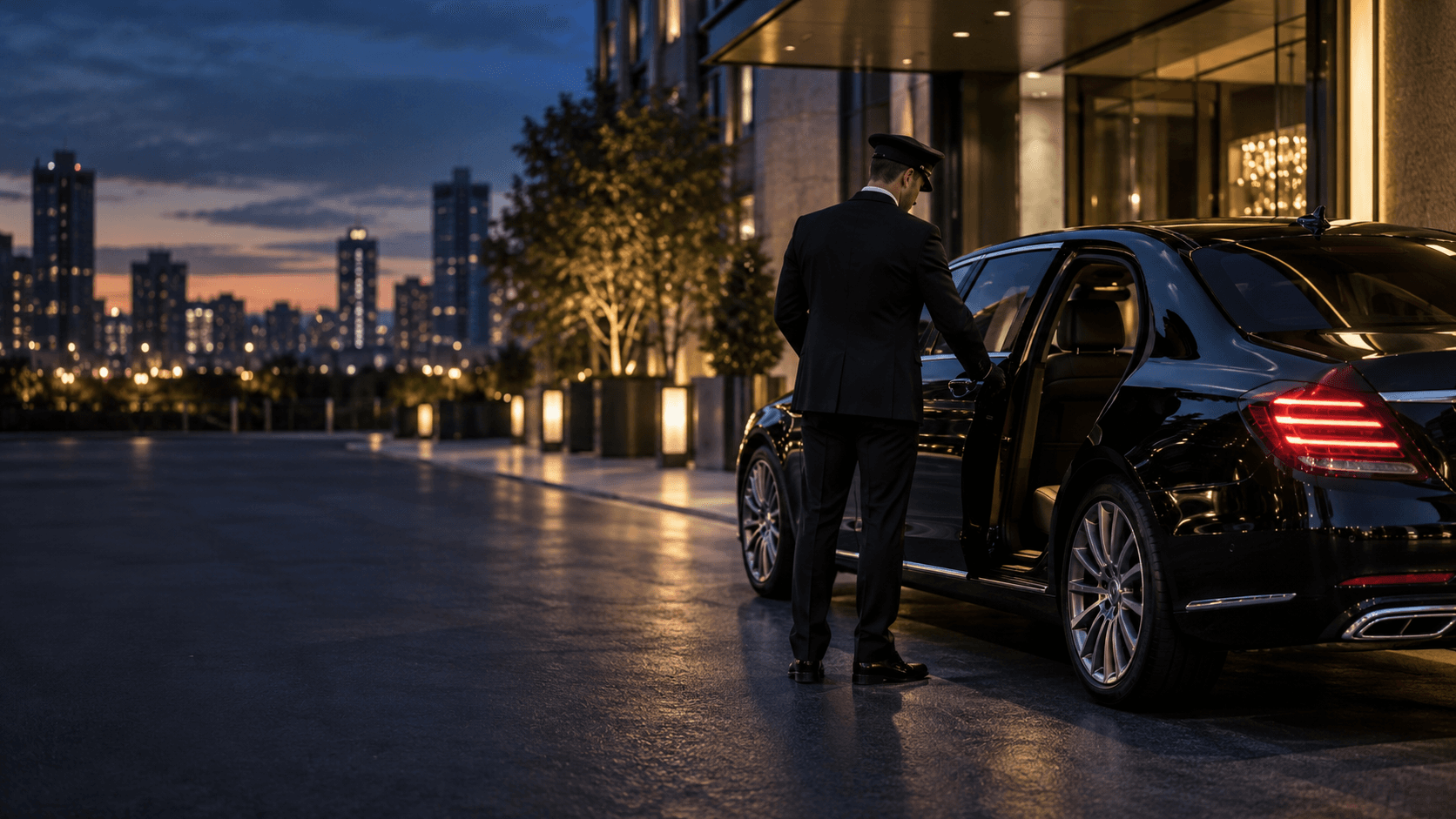 Chauffeur opening the door of a black executive sedan outside a city hotel at dusk