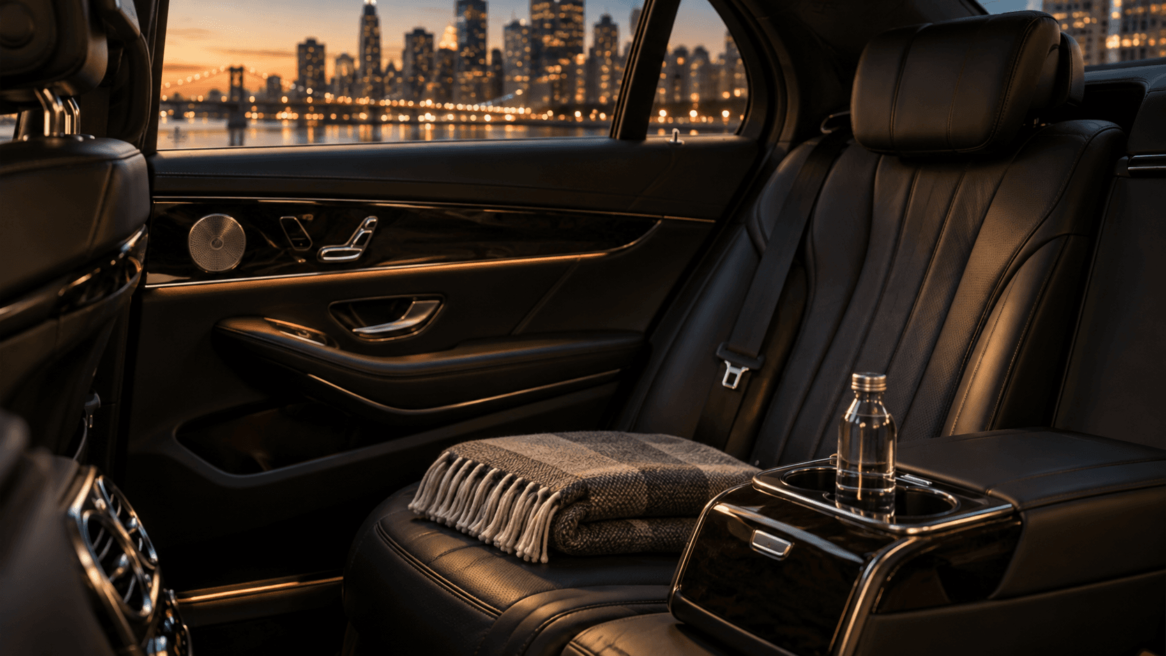 Elegant rear-seat detail of a luxury sedan at night