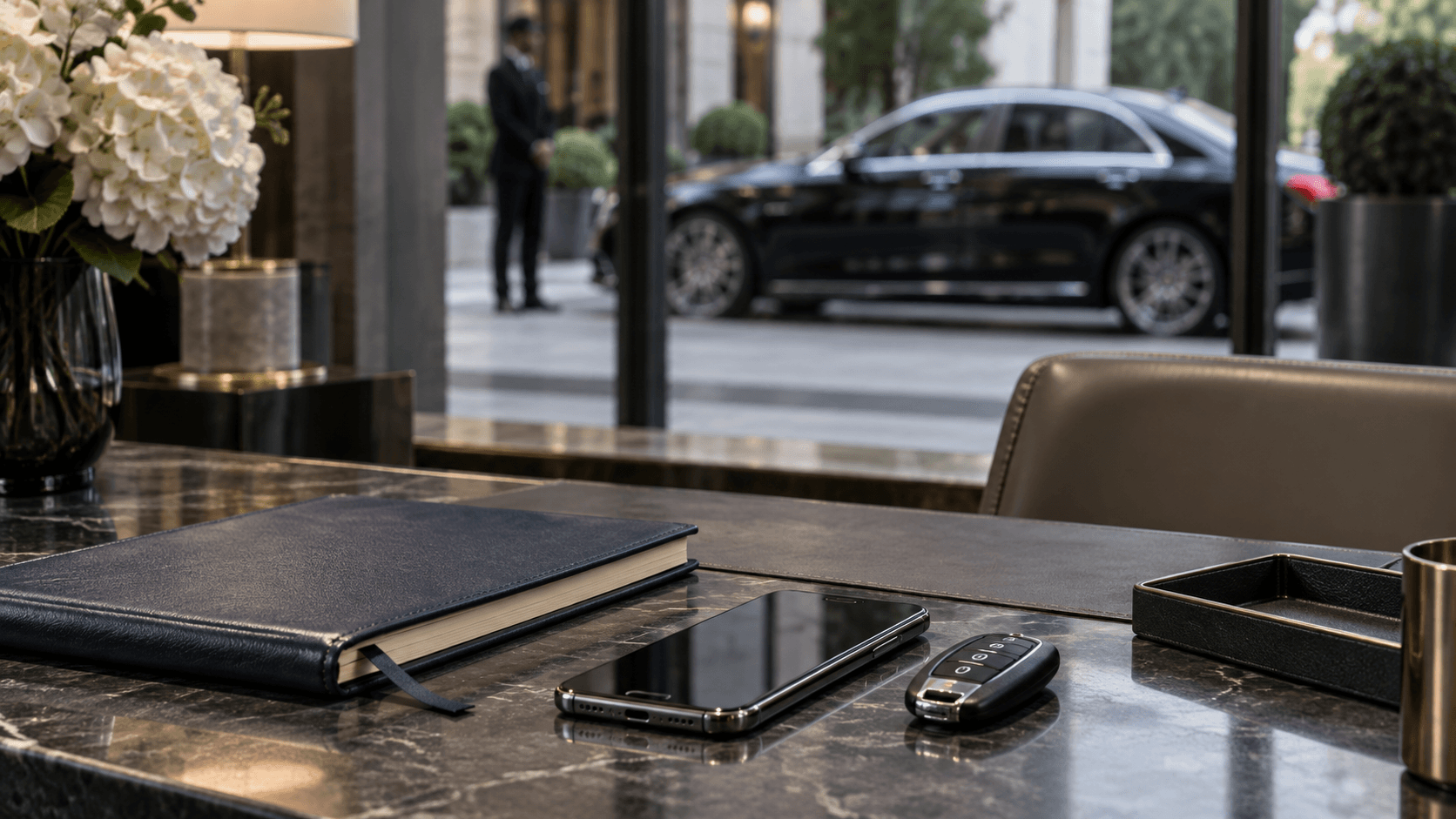 Premium concierge desk with a smartphone and luxury sedan in the background