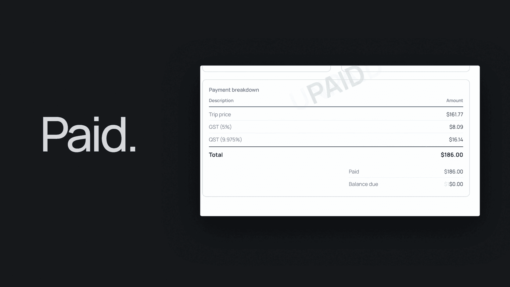 Invoice payment breakdown marked paid, with taxes and a zero balance