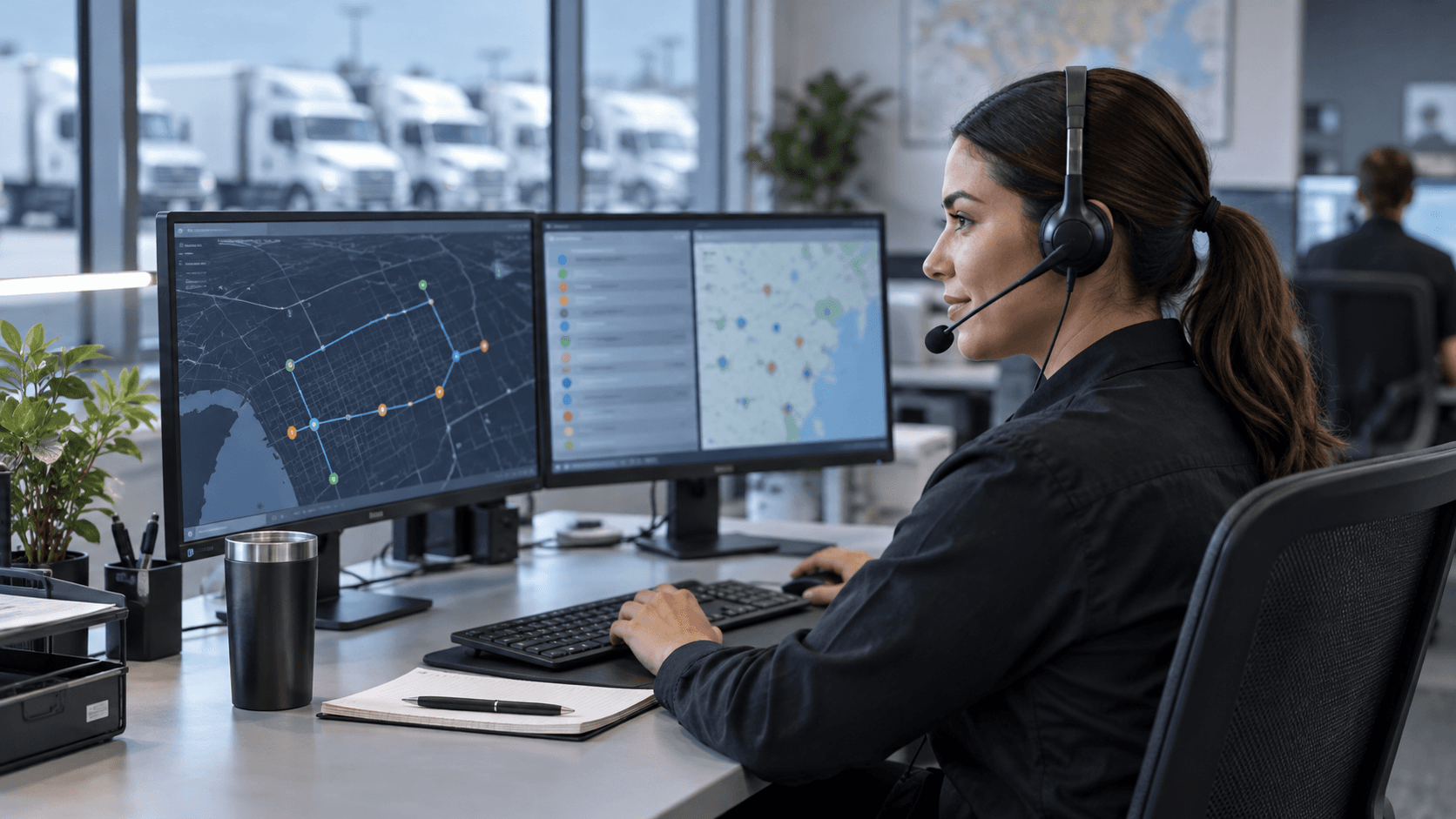 Focused dispatcher working at an organized desk
