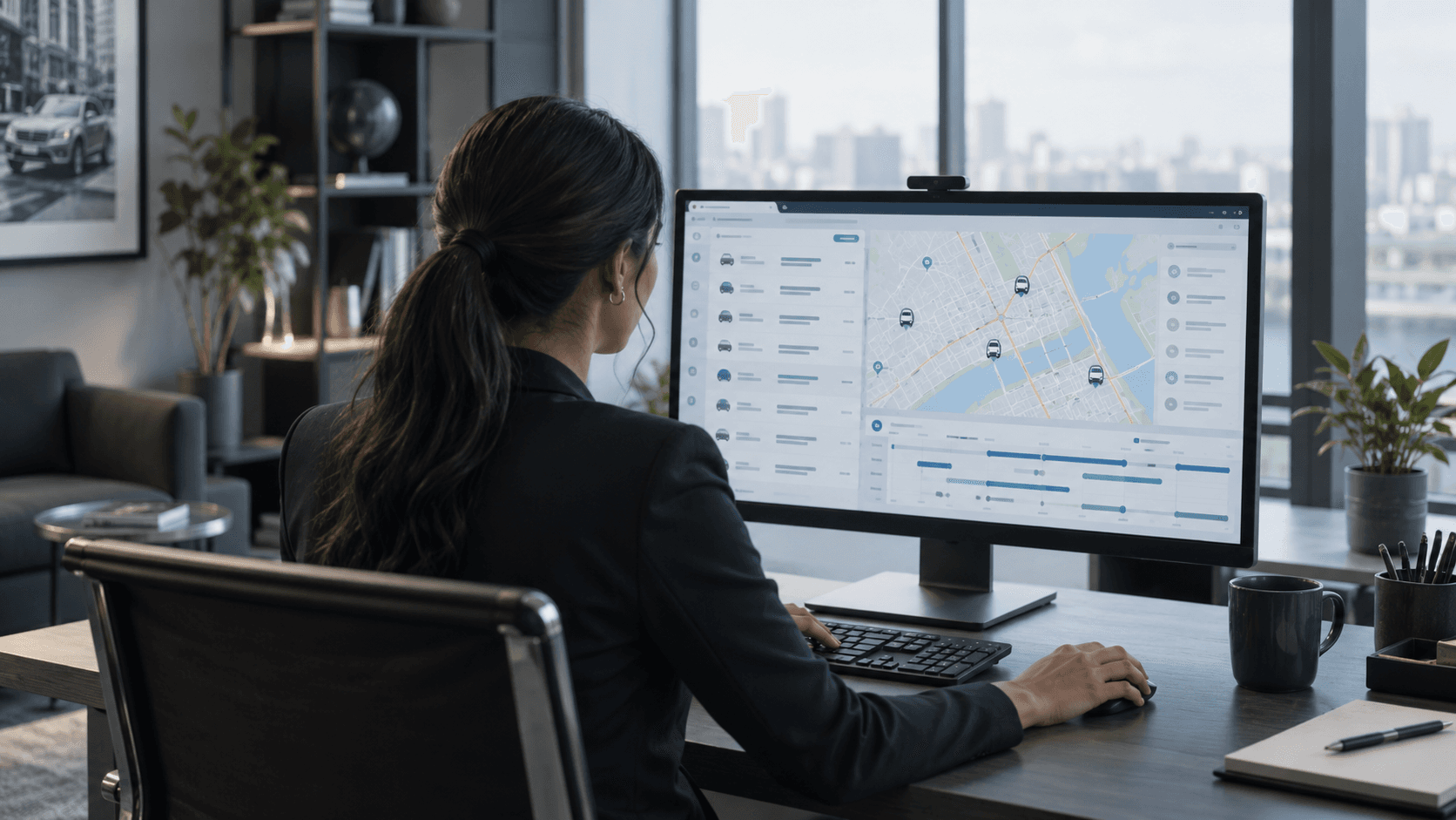 Transportation dispatcher viewing an operations dashboard with a map and scheduled vehicles