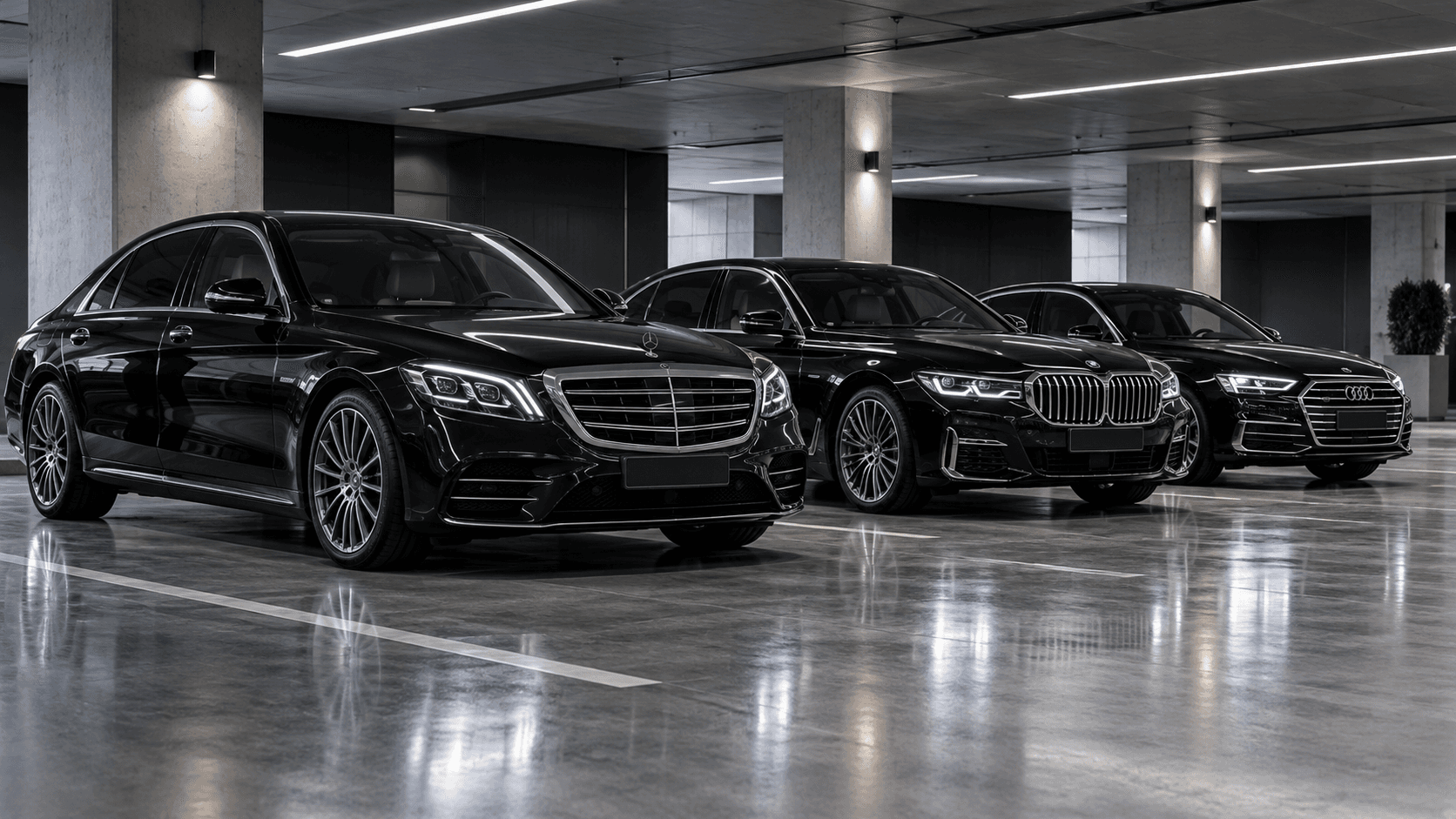 Orderly lineup of premium black sedans in a covered garage