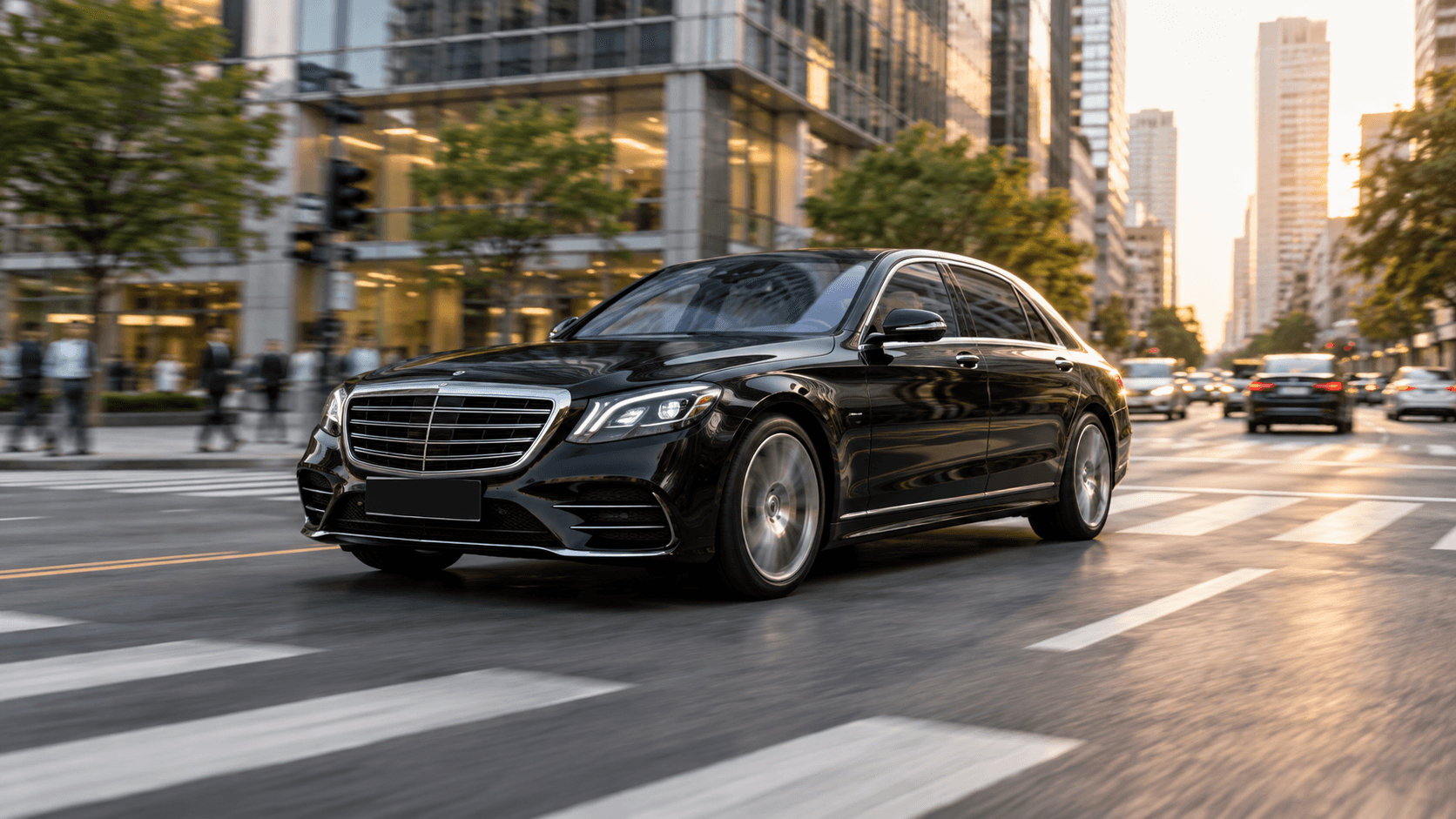 Black executive sedan moving through a modern city intersection