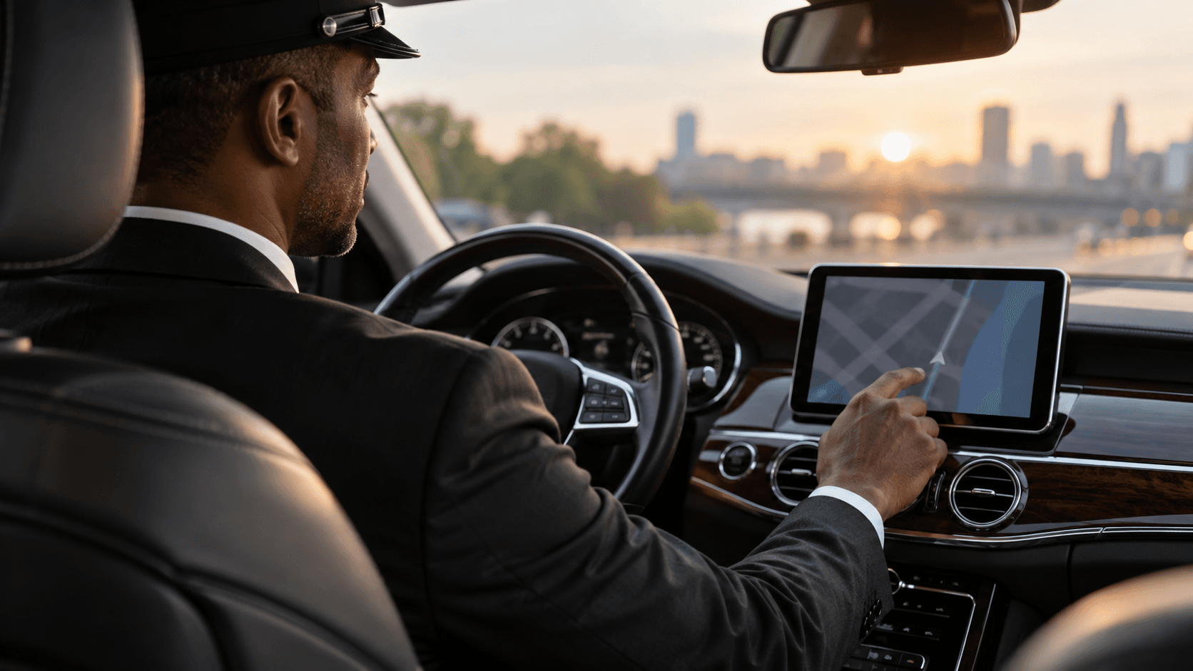 Chauffeur using a mounted navigation tablet inside an executive sedan