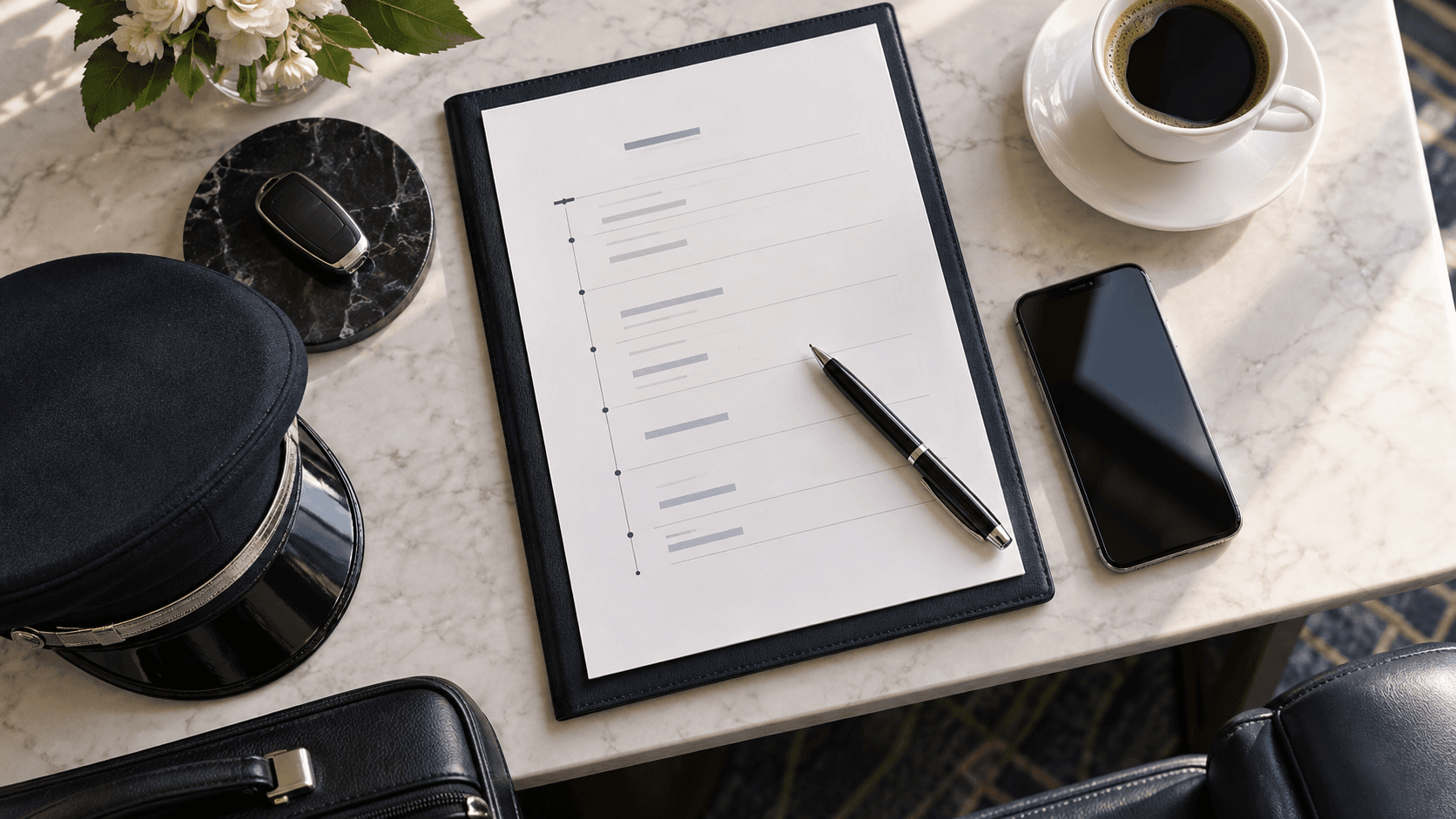 Executive transportation booking desk with a phone, itinerary, and car key