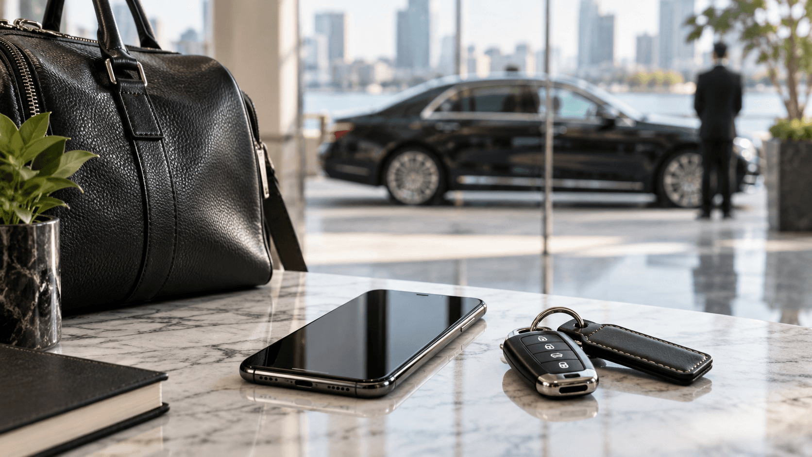 Smartphone, car key, and travel bag on an executive desk