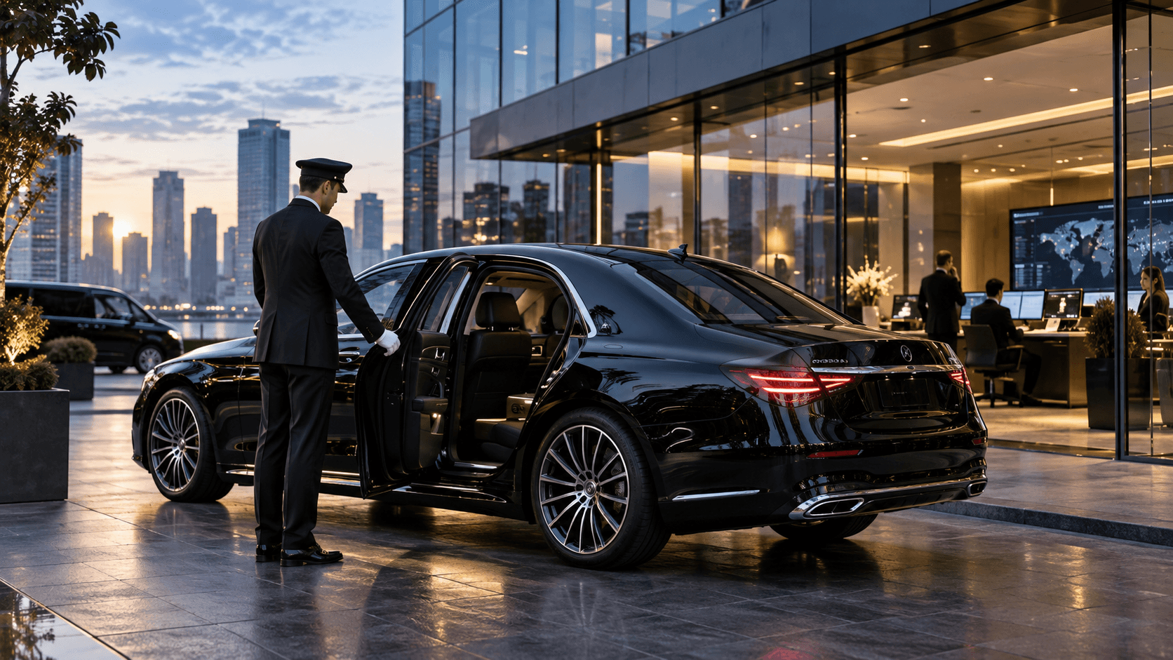 Premium sedan and chauffeur outside a glass office building