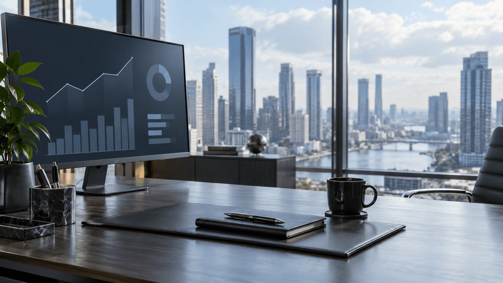 Operations desk with abstract report display and city view