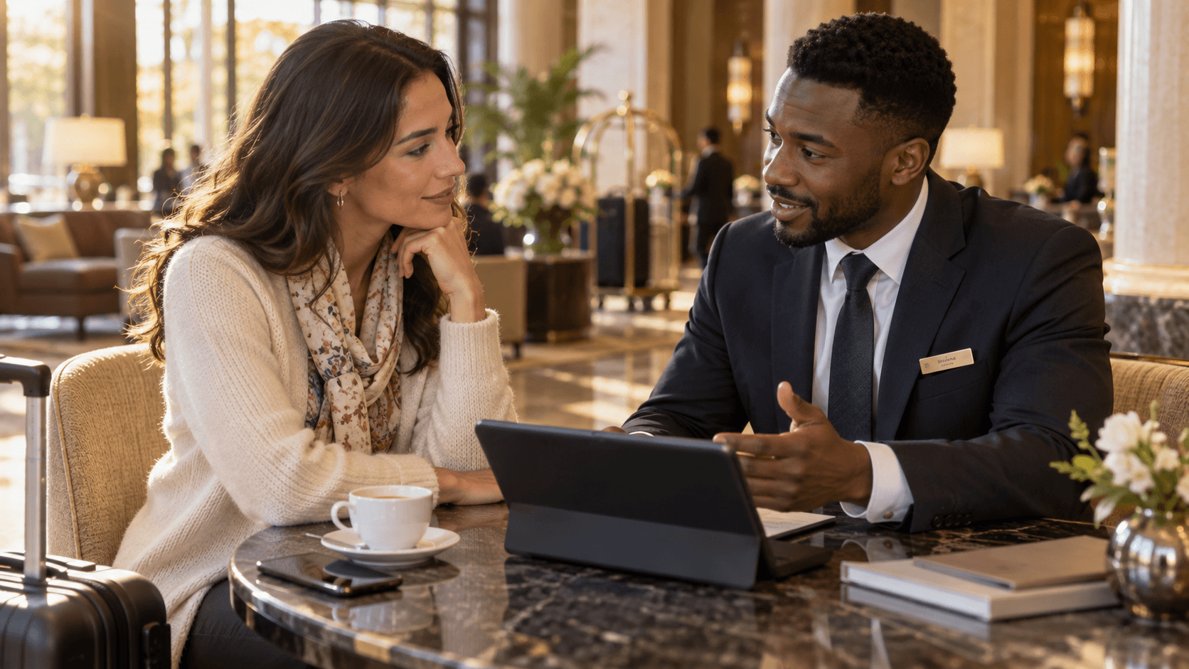 Transportation coordinator discussing travel plans with a client