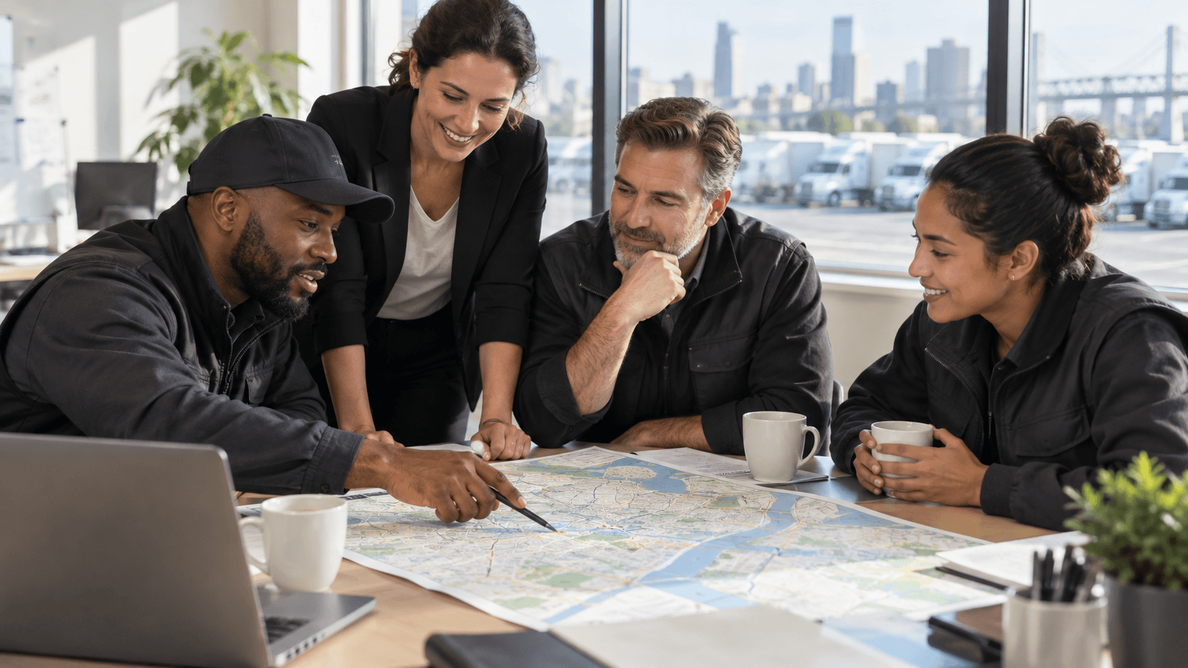Transportation team meeting in a bright modern office