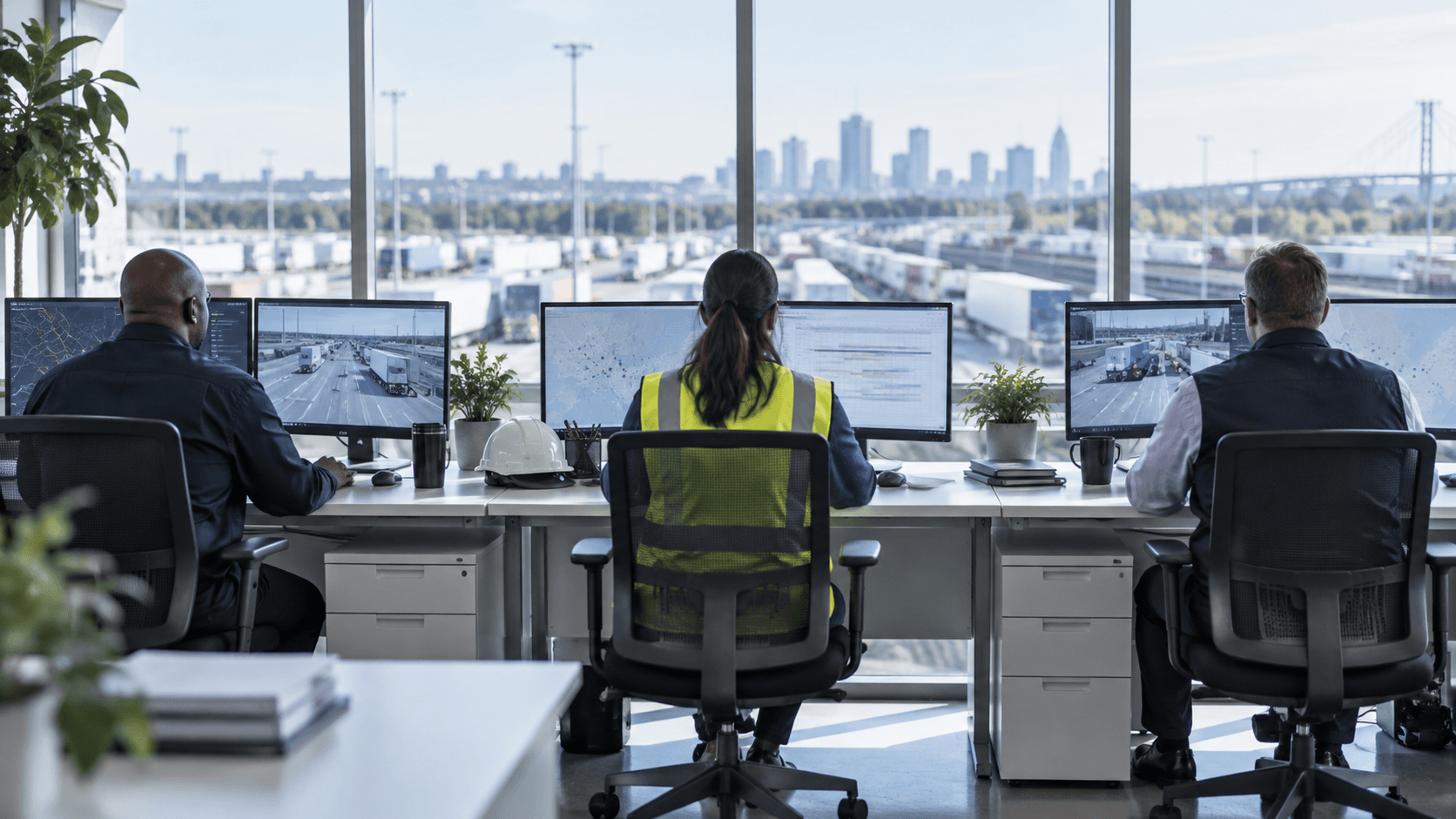 Transportation professionals working at separate office stations