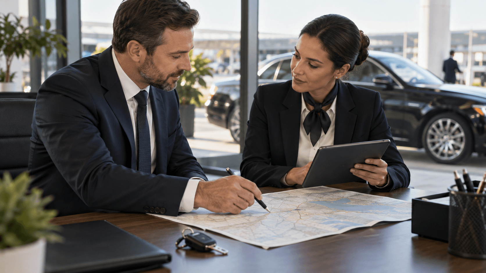 Two transportation team members reviewing a route together
